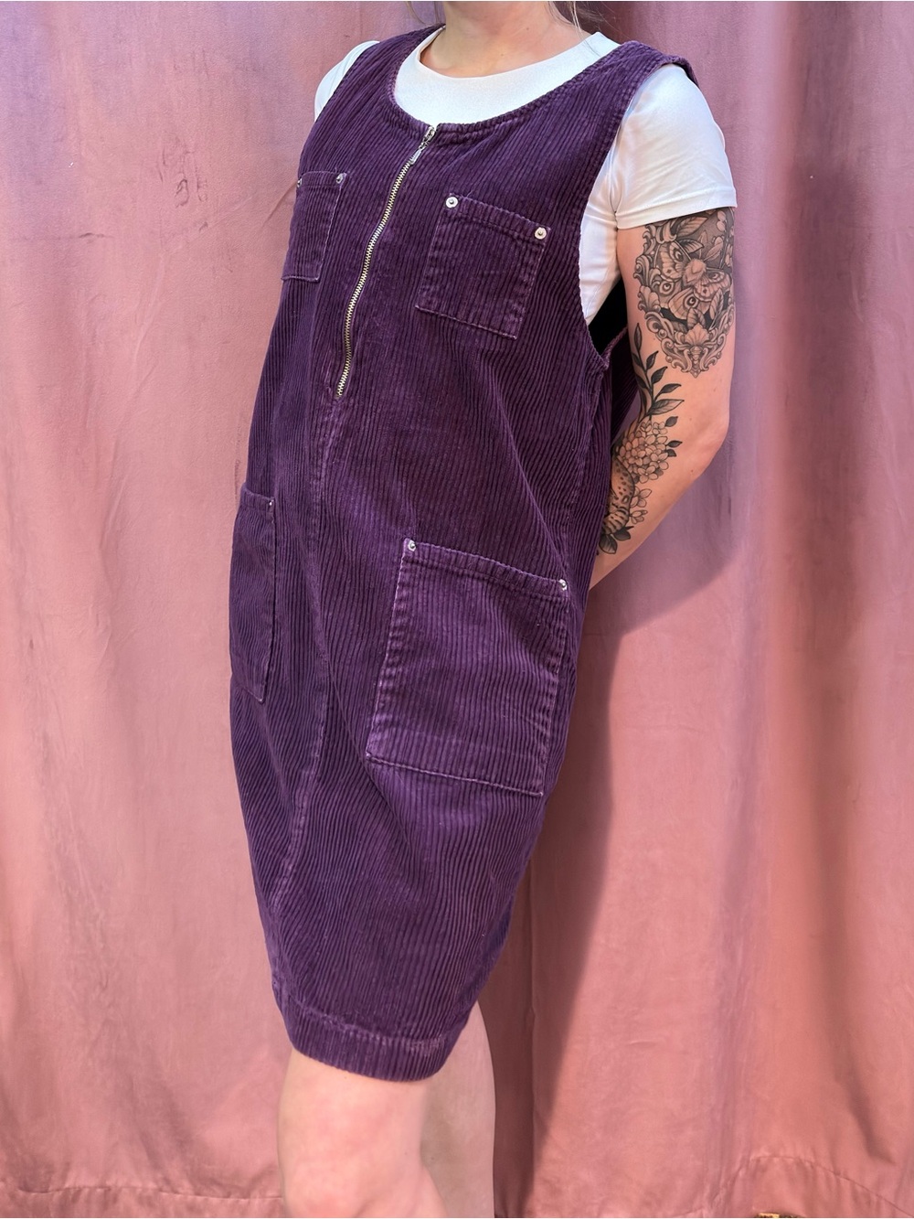 Vintage 90s Purple Corduroy Pinafore Overall Mini Dress Medium